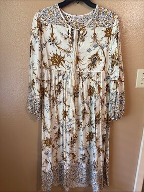 Floral Tiered Long Sleeve Maxi Dress in Cream and Brown
